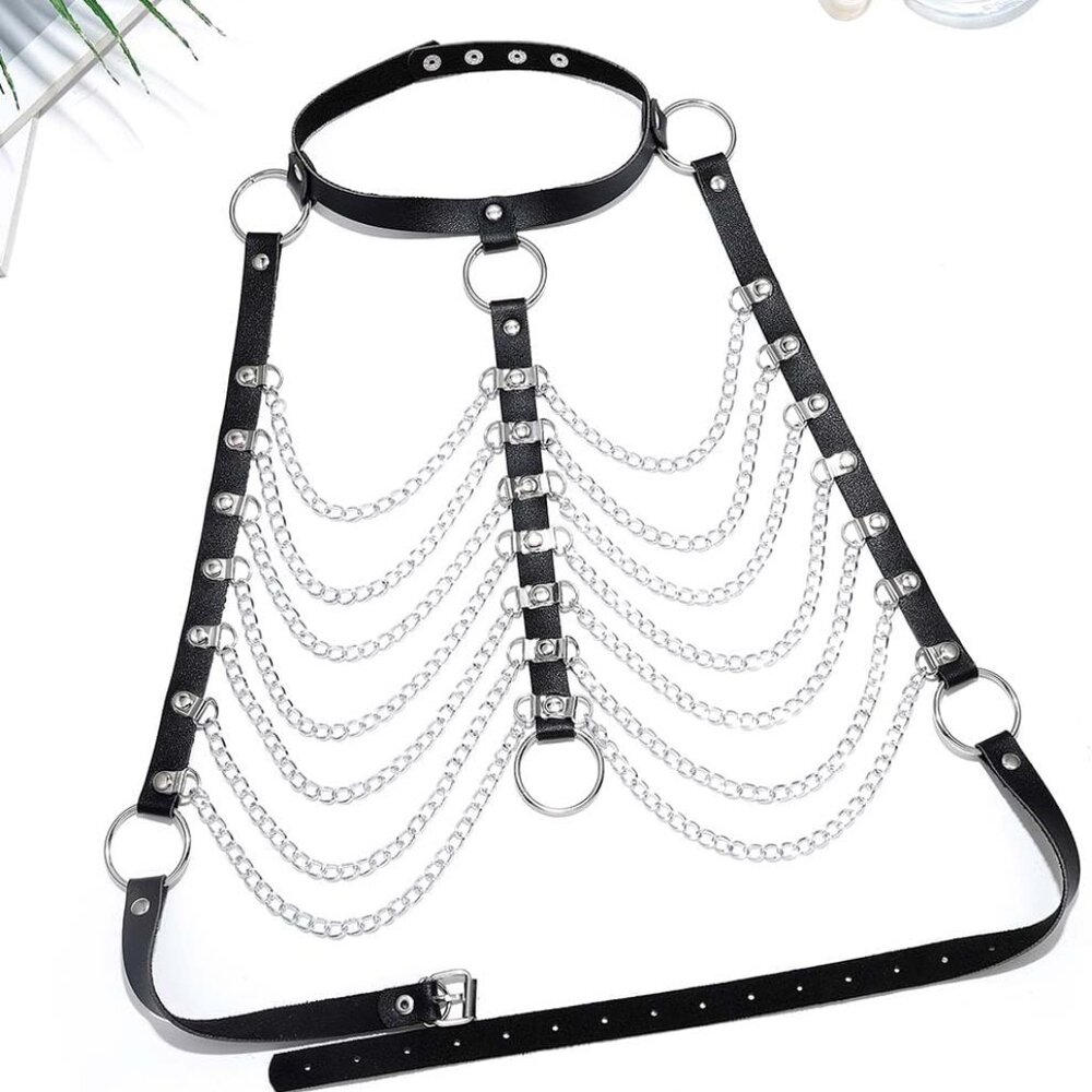 Punk Layered Body Chain Black Belt Leather Chest Chain Harness Choker Chain Body - Picture 2 of 7